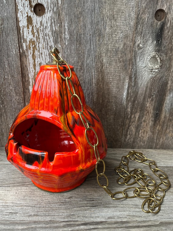 Vintage Mid Century Drip Glaze Pottery Hanging Ashtray With Chain