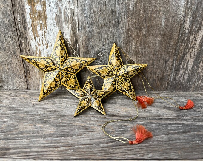 Set of 3 Hand Painted Paper Mache Star Christmas Ornaments, Kashmiri