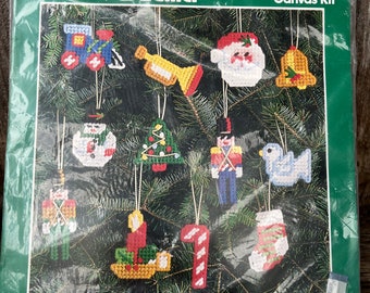 Vintage Bucilla Christmas Pre-Cut Plastic Canvas Kit, Set of 12 Ornaments