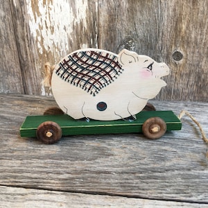 Decorative Hand Painted Wooden Pig Pull Toy on Wheels, OCI Omnibus