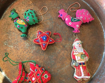 Collection of Vintage Hand Beaded, Sequined Christmas Ornaments, Chicken, Rooster, Fish, Star, Santa