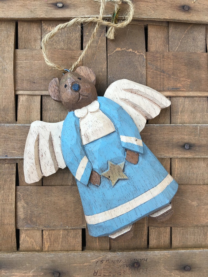 Hand Carved Wood Bear Angel Christmas Ornament