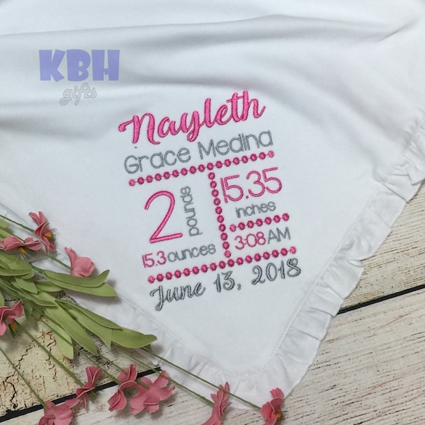 Embroidered Birth Stat Ruffle Blanket