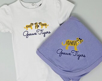 Personalized Embroidered Tiger Shirt or Bodysuit, Bib or Burp Cloth
