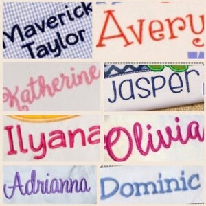 May include: A collage of eight embroidered names in different colors and fonts. The names are: Maverick Taylor, Avery, Katherine, Jasper, Ilyana, Olivia, Adrianna, and Dominic.