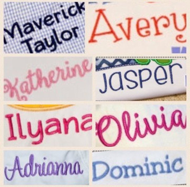 May include: A collage of eight embroidered names in different colors and fonts. The names are: Maverick Taylor, Avery, Katherine, Jasper, Ilyana, Olivia, Adrianna, and Dominic.