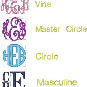 May include: Four different monogram styles are shown. The first is a vine style monogram in pink. The second is a master circle monogram in purple. The third is a circle monogram in blue. The fourth is a masculine monogram in navy blue.
