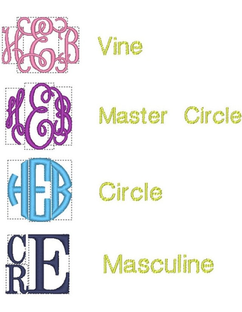 May include: Four different monogram styles are shown. The first is a vine style monogram in pink. The second is a master circle monogram in purple. The third is a circle monogram in blue. The fourth is a masculine monogram in navy blue.