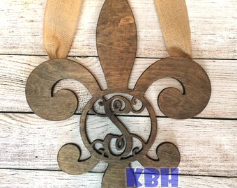 Stained / Painted Monogrammed Fleur de Lis Door Hanger