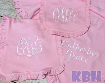 Embroidered Ruffle Bib, Ruffle Burp Cloth, Ruffle Gown, Newborn Baby Gift Set