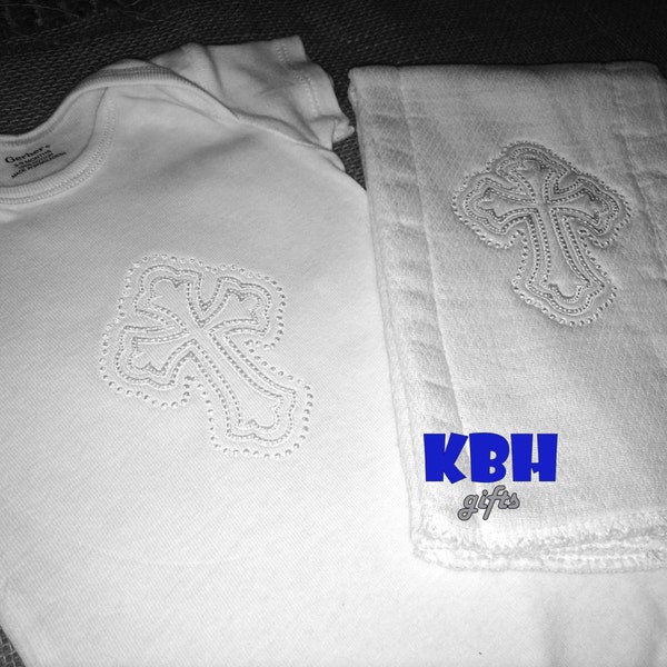 Baptism Embroidery: Bodysuit AND Burp Cloth