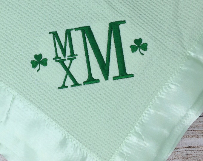 Irish Baby Blanket. White Crocheted Afghan With Shamrocks Ribbon. St