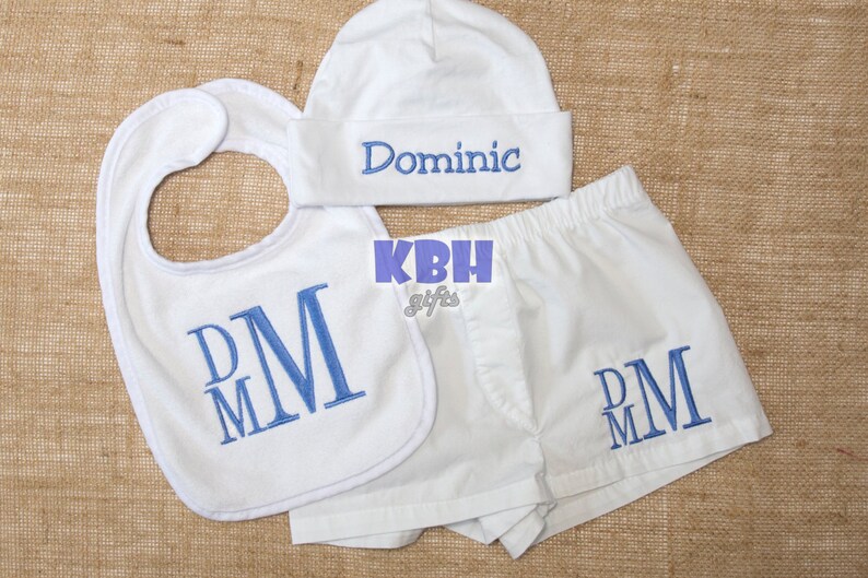 Baby Boy Embroidered Boxer Shorts Bib and Hat Etsy