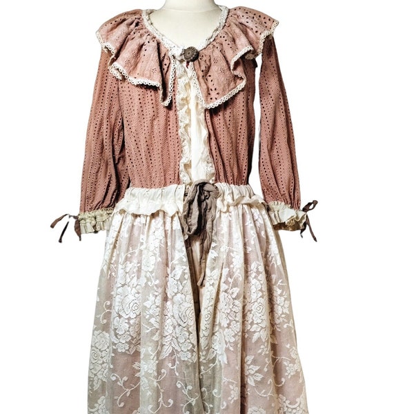 Handmade womens cottagecore duster jacket coat. Tan brown cream. Tie waist layered ruffle skirt. Hand dyed. Vintage lace. Unique upcycled. M