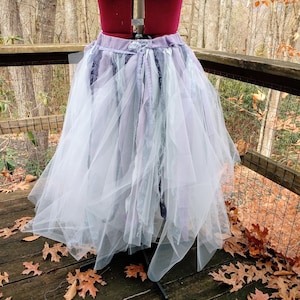 Unique wedding skirt soft tulle tattered rags lavender grey blue elven punk fairy skirt antique vintage lace upcycled beads trim hand dyed