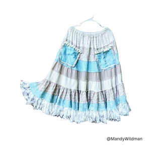 Handmade peasant skirt. Upcycled fabric, shabby chic ruffles, front pockets. Elastic waist. Vintage floral cotton. Blue, cream. M - L.