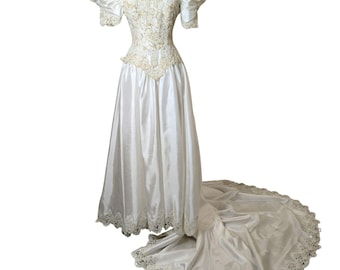 Vintage 90s Ivory Satin Wedding Dress: Puff Sleeves, Lace Hem, Long Train