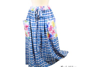 Plus Size Handmade Cotton Skirt, Blue Pink Plaid Seersucker. Adjustable Waist, Big Pockets,  Scrunchie