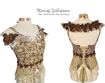 Handmade corset top. Ruffles, Steampunk Goth Fantasy. Brown, cream, beige. Reclaimed fabrics. Vintage lace, beads, trim, ribbon. S-M.