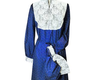 Vintage 70s Calico Prairie Dress with Bonnet, Lace Yoke, Navy L-XL