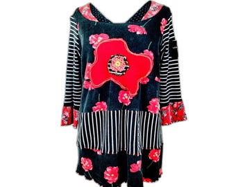 Handmade Womens Tunic Red Black Poppies Stripes Patches Stretch fits up to XXL