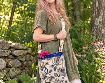 Handmade messenger crossbody bag, long strap. blue and tan. Botanical prints. Vintage linen, fringe trim. Hand dyed lace. Inside pocket.