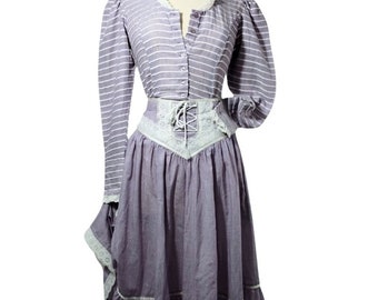 1970s vintage handmade skirt + blouse set. Purple stripe Gunne Sax style. Long sleeves, low waist, high collar. Rare, great condition. XXS.