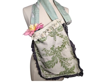 Handmade messenger crossbody bag, long strap. blue and beige. Botanical leaves. Reclaimed linen and vintage fringe trim. Inside pocket.