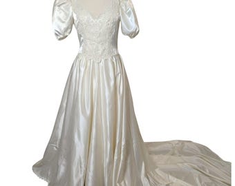 Vintage 80s Wedding Dress: Ivory Satin, Puff Sleeves, Lace, Basque Waist