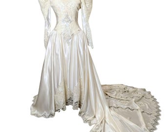 Vintage 80s Wedding Dress: Ivory Satin, Lace, Puff Sleeves, Basque Waist, Size Small