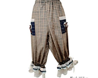 Upcycled Plaid Pantaloons | Vintage Lace Ruffle Trim, S-L