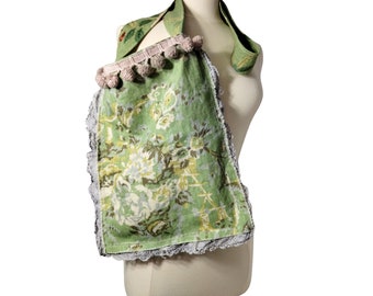 Handmade green gray messenger crossbody bag. Long strap. Reclaimed linen, hand dyed lace and vintage bobble trim. Boho. One of a kind.