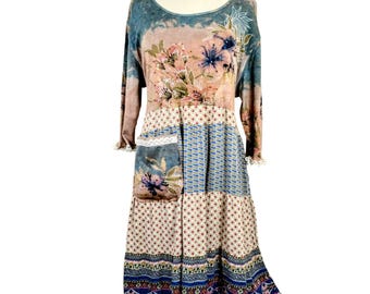 Handmade Upcycled Cotton Dress, Tan and Blue, Antique Lace, Plus Size