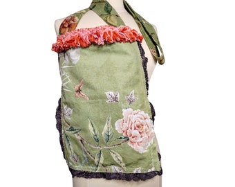 Handmade messenger crossbody bag, long strap. green and coral. Rose butterfly leaves. Reclaimed linen and vintage loop trim. Inside pocket.