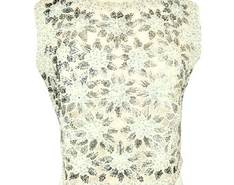 Womens 1960s Vintage Tesoro cream sequin and pearl top. Sheer crop sleeveless blouse, floral patten, scallop hem size 34 Medium