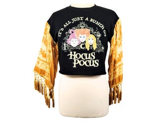 Upcycled Hocus Pocus Graphic Tee with Dramatic Gold Bell Sleeves, Unique Top L