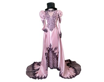 Vintage 80s purple dyed wedding dress. Satin, long puff sleeves, lace, pearls, sequins, keyhole back. Basque waist. Small.