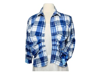 Upcycled Plaid Ruffle Shirt - Blue & White Boyfriend Style (Size S)
