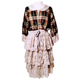 Handmade womens coat, upcycled duster, vintage clothing, antique lace, one of a kind, burgundy cream plaid, L-XL plus, cow applique, layered