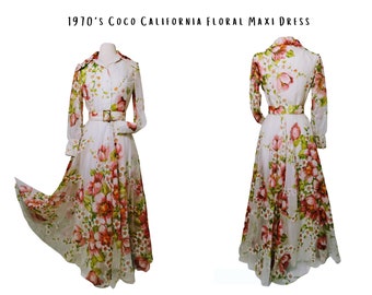 Vintage 1970s Coco of CA Floral Chiffon Maxi Dress | Rose Pink Green Ivory | Button Front |  Original Belt | Bishop Puff Sleeves Made in USA