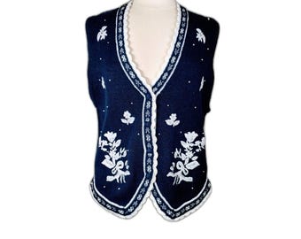 Vtg 90s Womens Knit Vest Dark Navy White Silver Flower Detail. Ramie Cotton Sz L