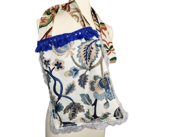 Handmade messenger crossbody bag, long strap. blue and beige. Botanical leaves. Reclaimed linen and vintage fringe trim. Inside pocket.