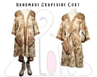 Handmade womens kimono coat. grapevine linen fabric. Matching tie belt. Vintage lace. Reclaimed materials.  HUGE pockets. Unique. M - L