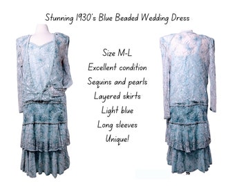 Vintage 1930s Beaded Flapper Wedding Dress. Light blue, floral pattern, long sleeves, many pearls and sequins. RARE medium to  large size.