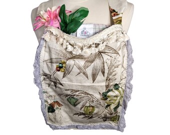 Handmade messenger crossbody bag, long strap. beige and green. Botanical leaves. Reclaimed linen and vintage fringe trim. Inside pocket.