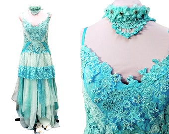 Handmade wedding dress, fairy mermaid fantasy, vintage lace, corset back, sustainable, hand dyed aqua blue turquoise. Beading.