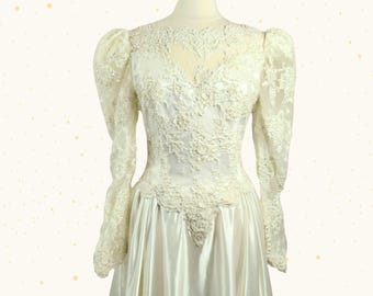 Vintage 80s Wedding Dress: Ivory Satin, Pearls, Sequins, Puff Sleeves, Basque Waist, Size Small