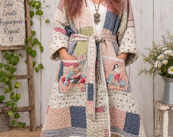 Handmade womens winter coat quilted patchwork. Matching belt. Retro biker girl patches. Upcycled materials. Big pockets. Unique. M - L