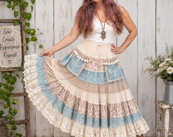 Handmade Floral Cotton Peasant Skirt, Shabby Chic Ruffle, Upcycled M-L