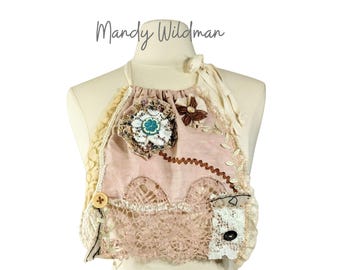 Handmade Bib Necklace | Upcycled Vintage Linen & Lace | Bohemian Textile Art | Romantic Statement Neckwear | One of a Kind